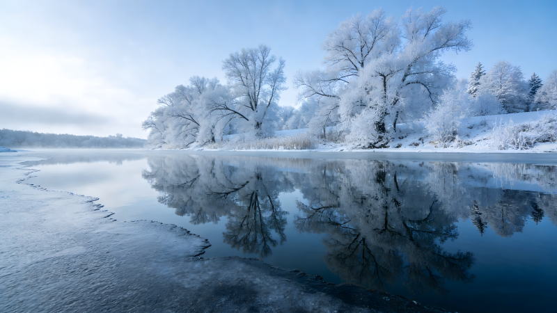 冬日湖畔雪景图片