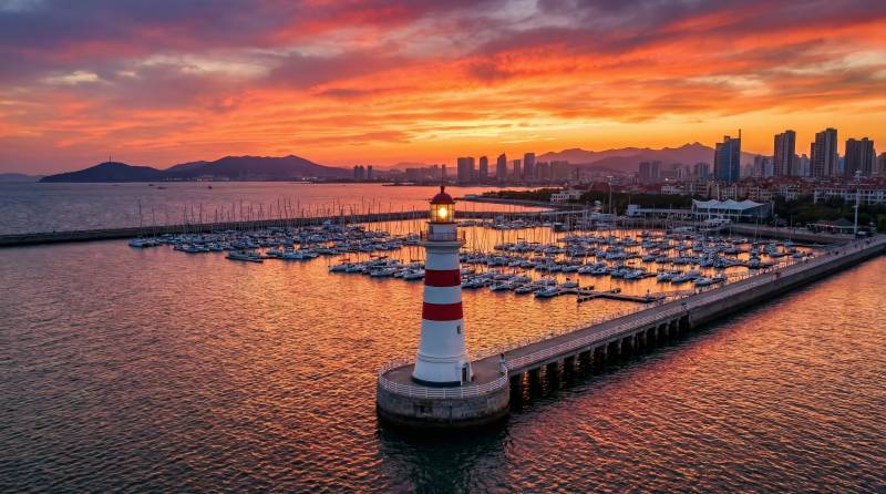 夕阳下的港口灯塔图片