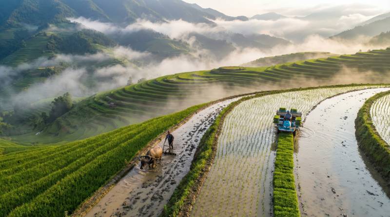 梯田晨雾耕作图图片