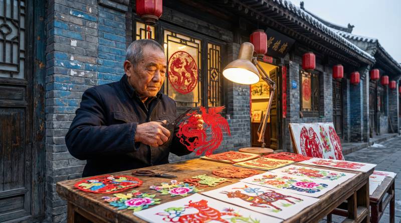 剪纸艺人街头创作图片