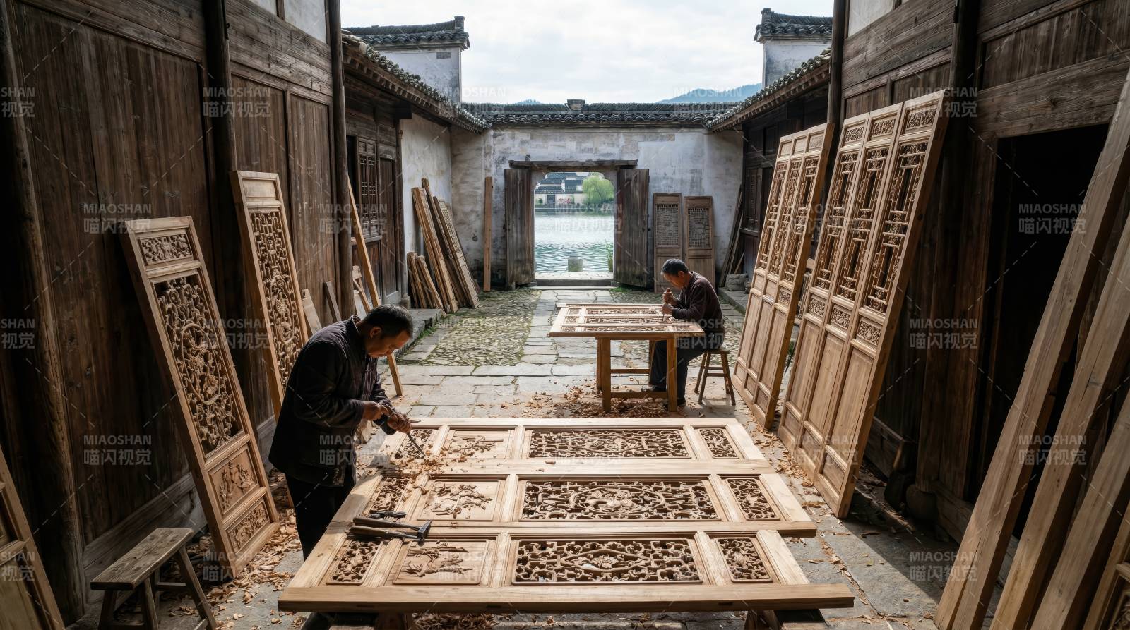 木雕匠人专注雕刻图片