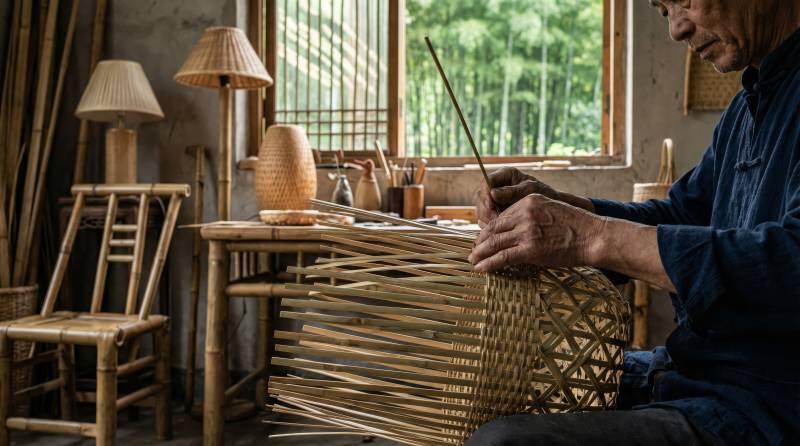 竹编匠人专注创作图片
