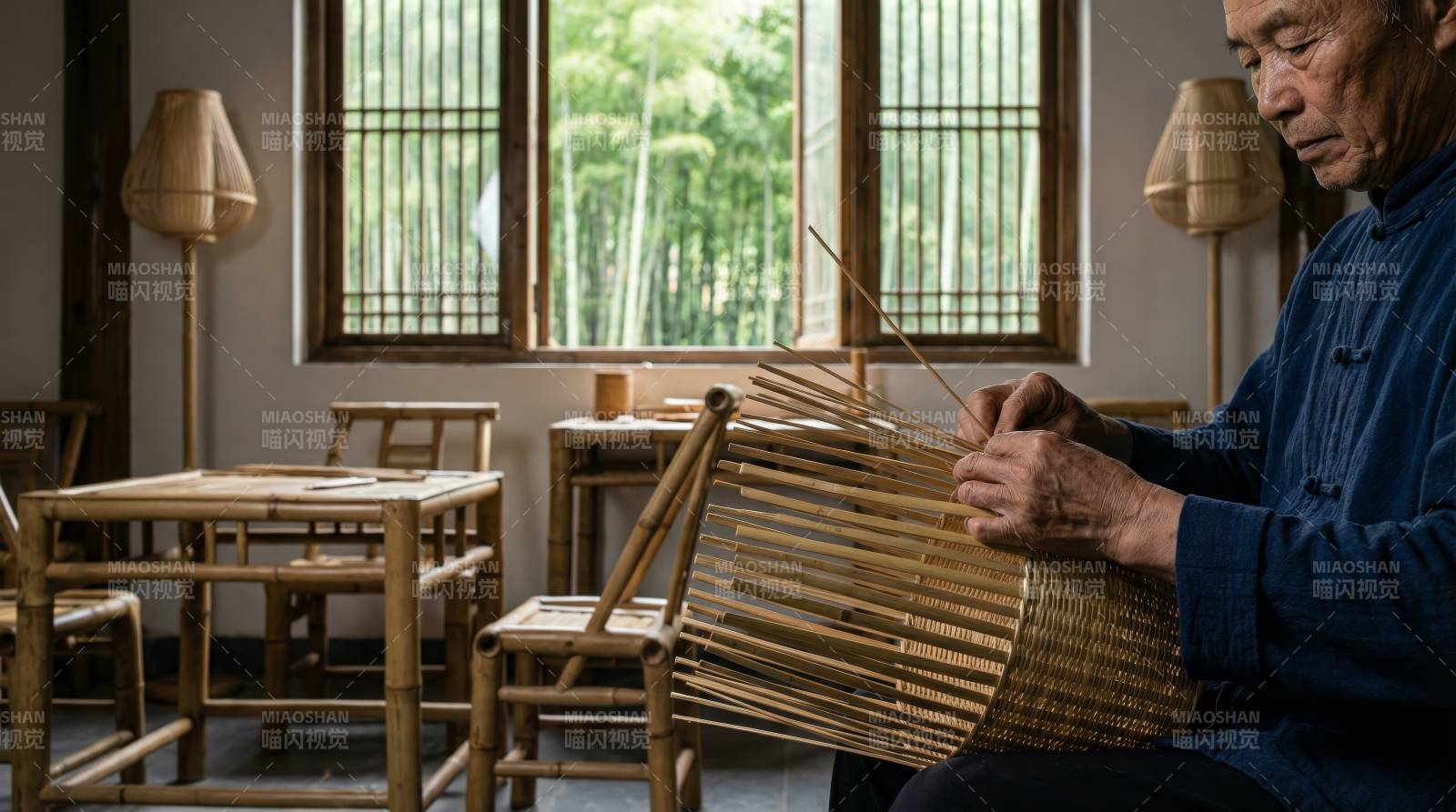 竹编匠人专注工作图片