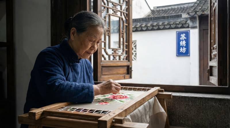 苏绣传承人专注刺绣图片