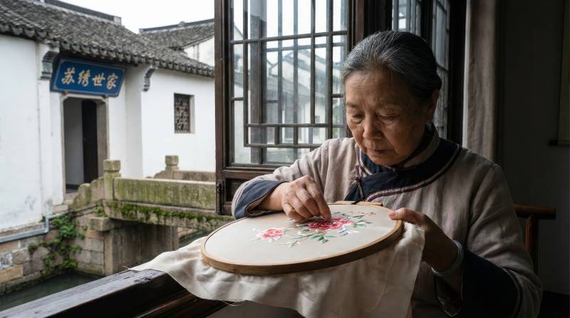 江南绣娘专注刺绣图片