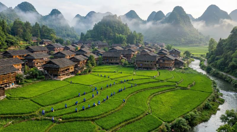 梯田晨雾山村图片