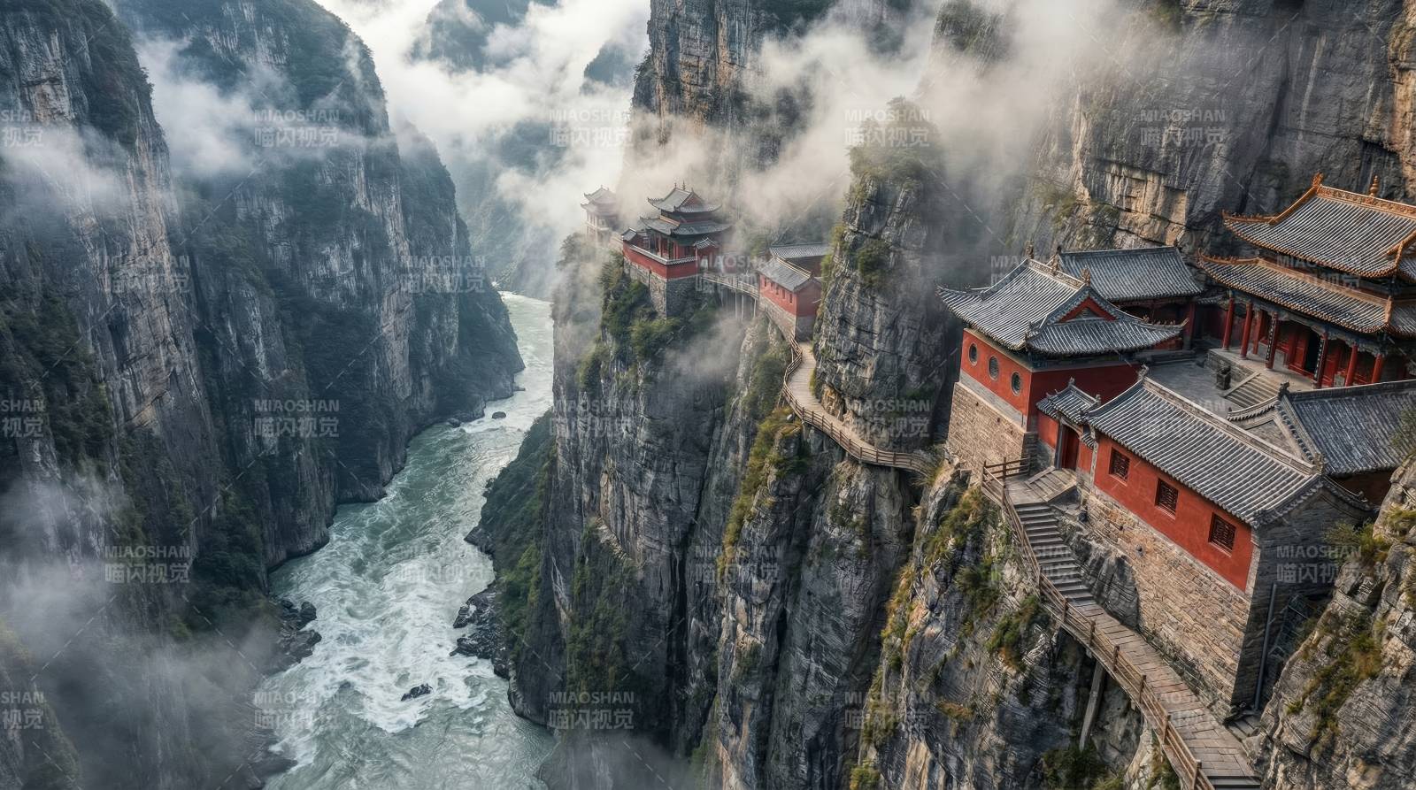 悬崖古寺云雾缭绕图片
