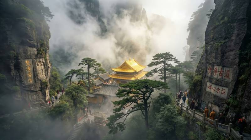 云雾缭绕古寺图片