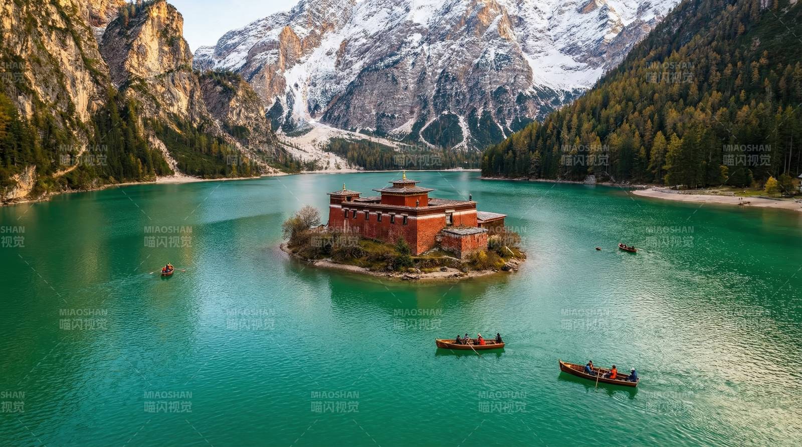 湖心古堡雪山环绕图片