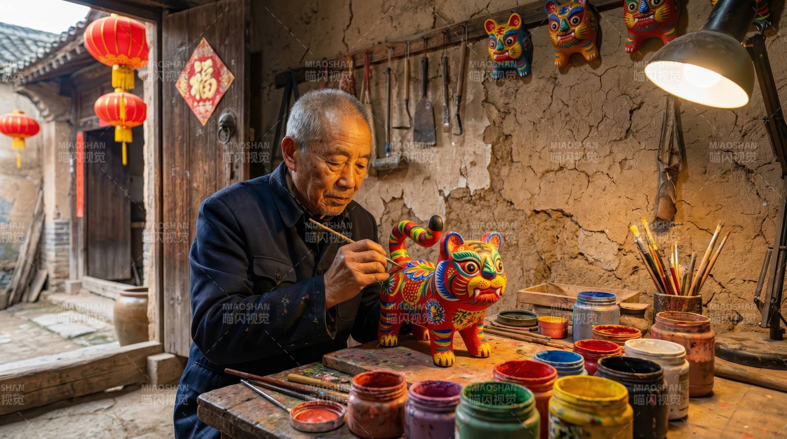 匠人彩绘泥塑虎图片