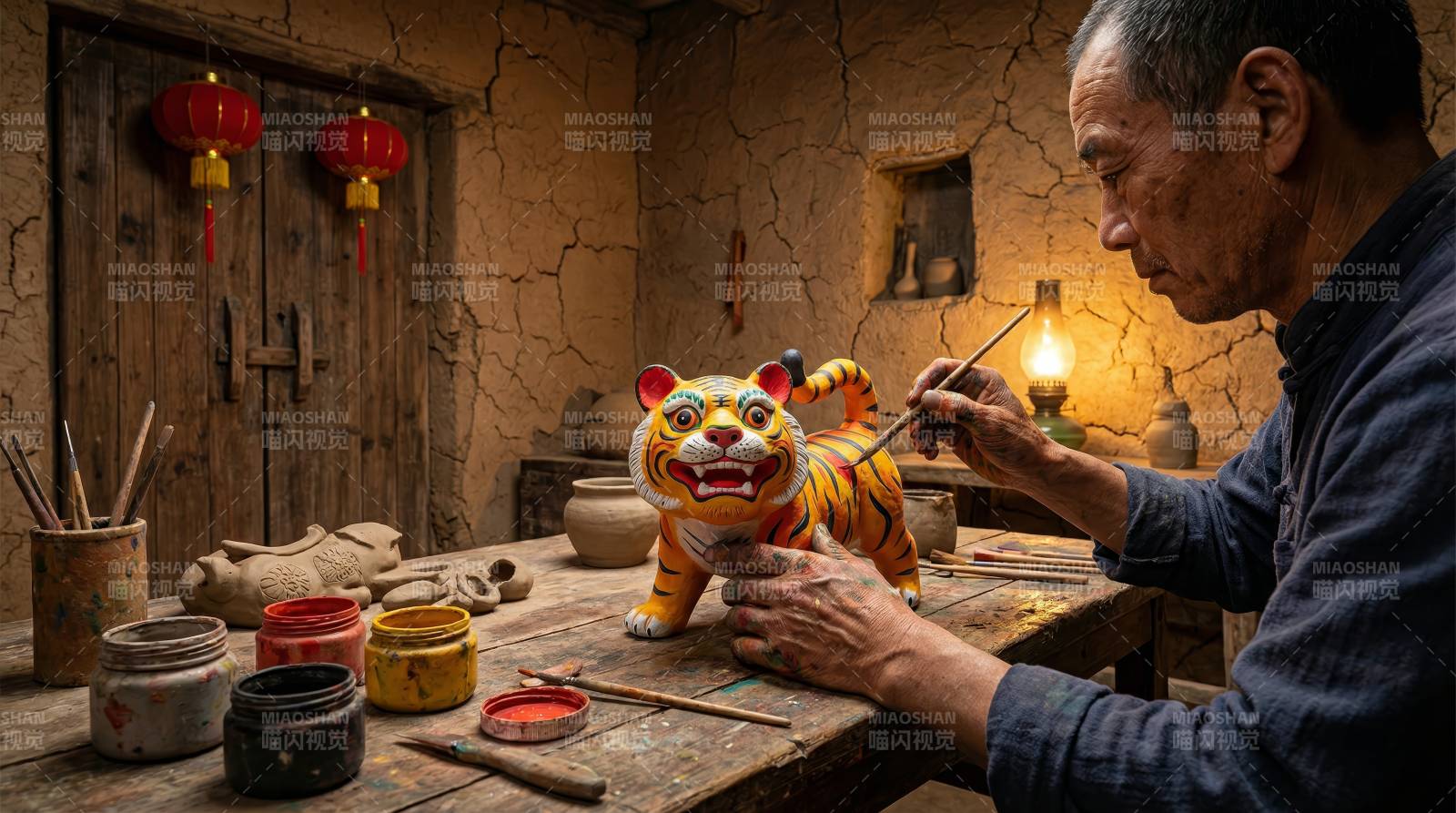 匠人彩绘虎形陶偶图片