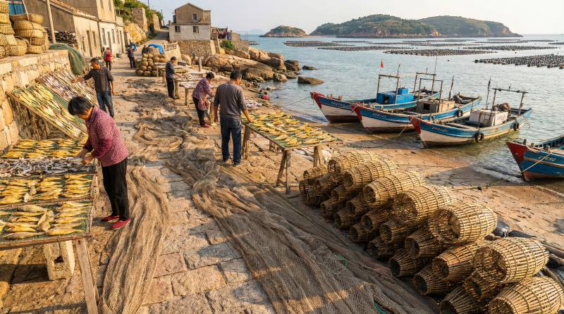 渔村晒鱼忙图片