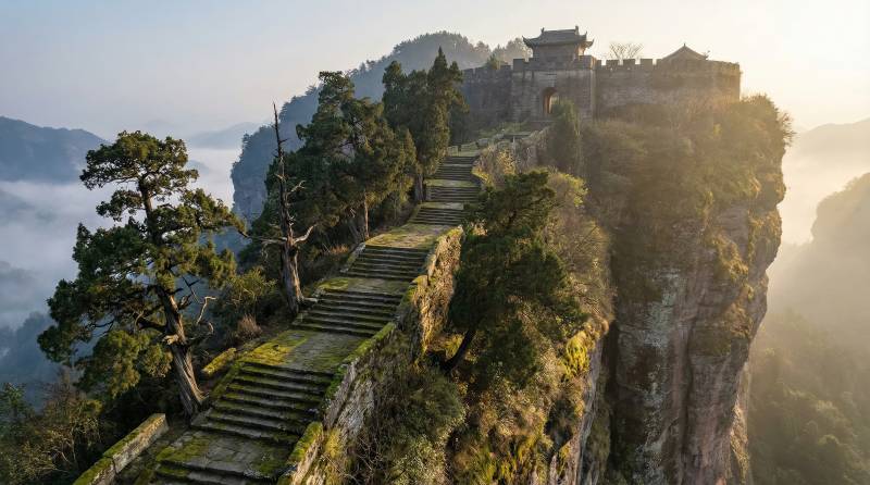 悬崖古道晨曦图片