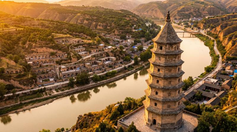 塔影河畔风光图片