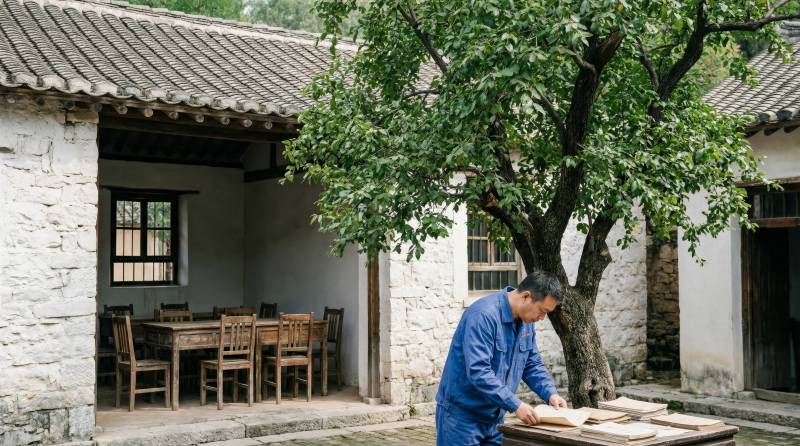 庭院中男子专注劳作图片