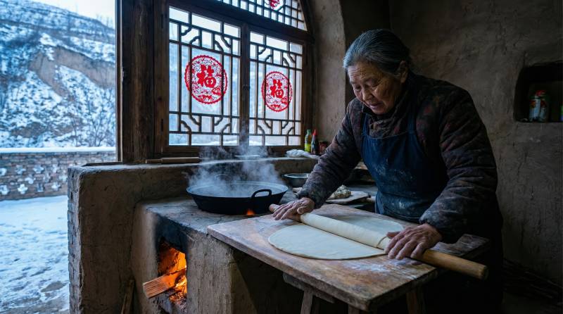 冬日厨房擀面图图片