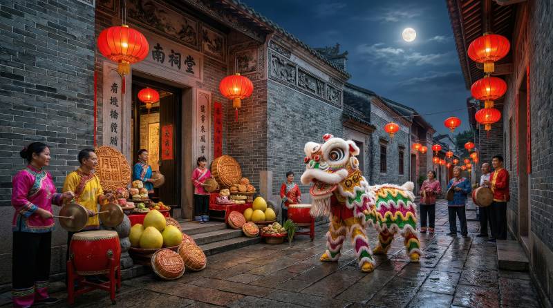 舞狮迎春夜景图片