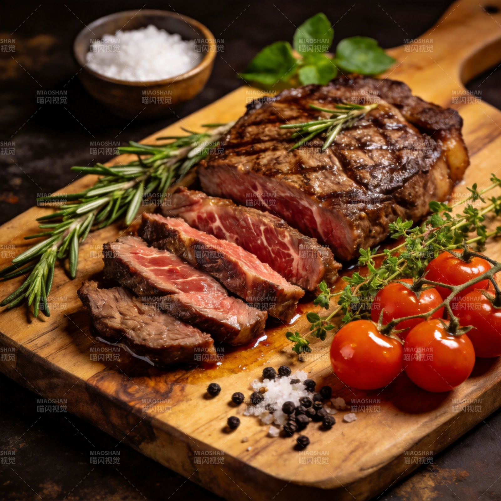 香煎牛排配樱桃番茄图片