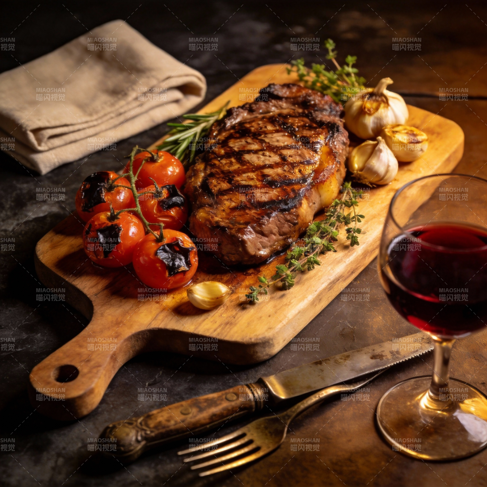 烤牛排配红酒图片