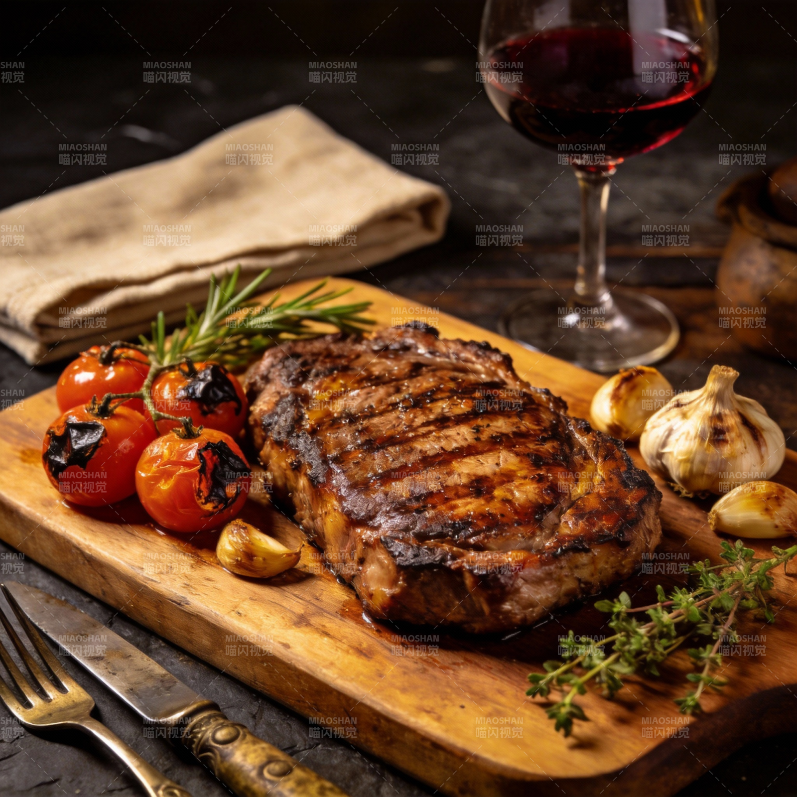 烤牛排配红酒图片
