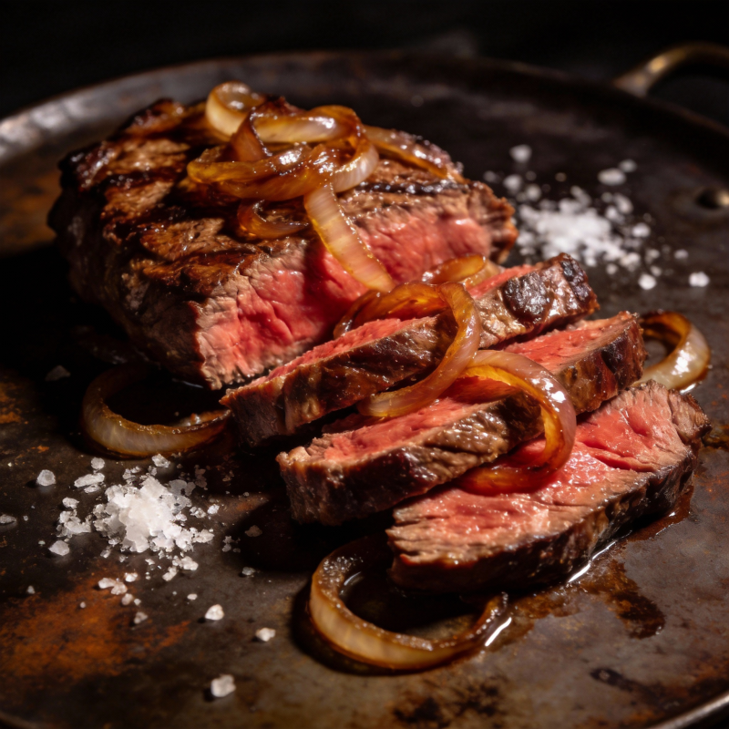 煎牛排配焦糖洋葱图片