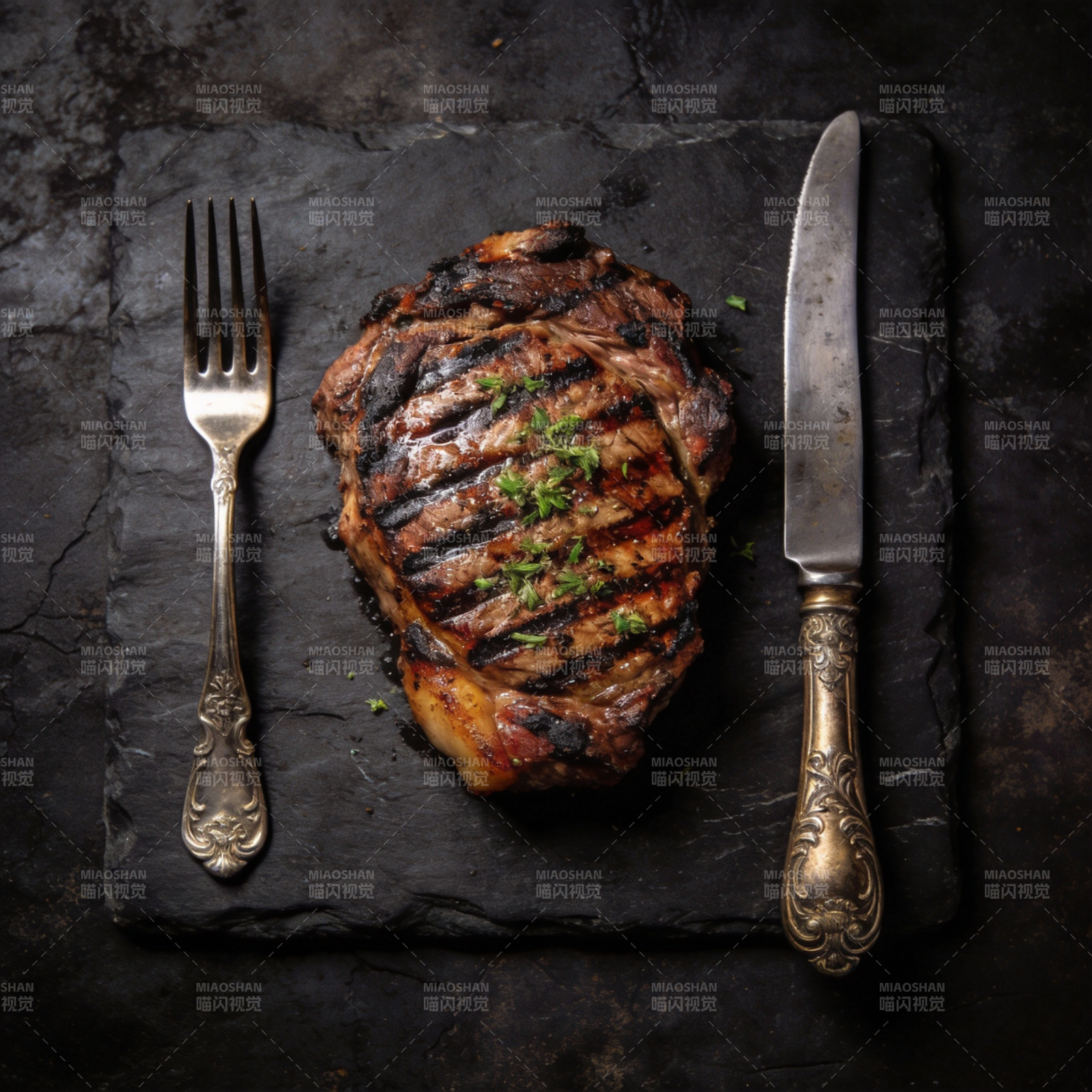 烤牛排配刀叉图片