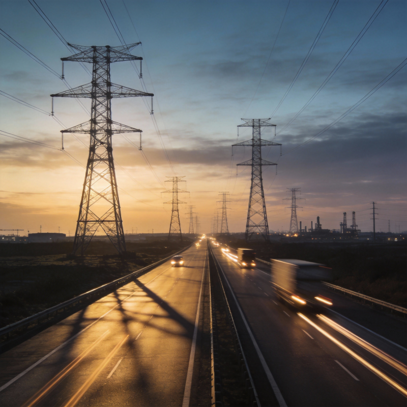 电力塔下的公路夜景图片