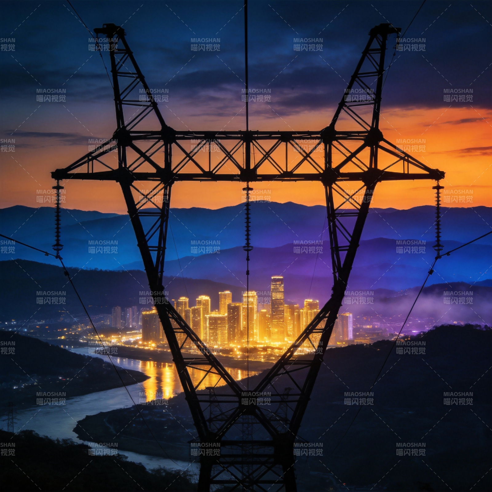 城市夜景与电塔剪影图片