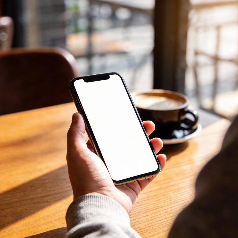 咖啡馆中手持手机图片