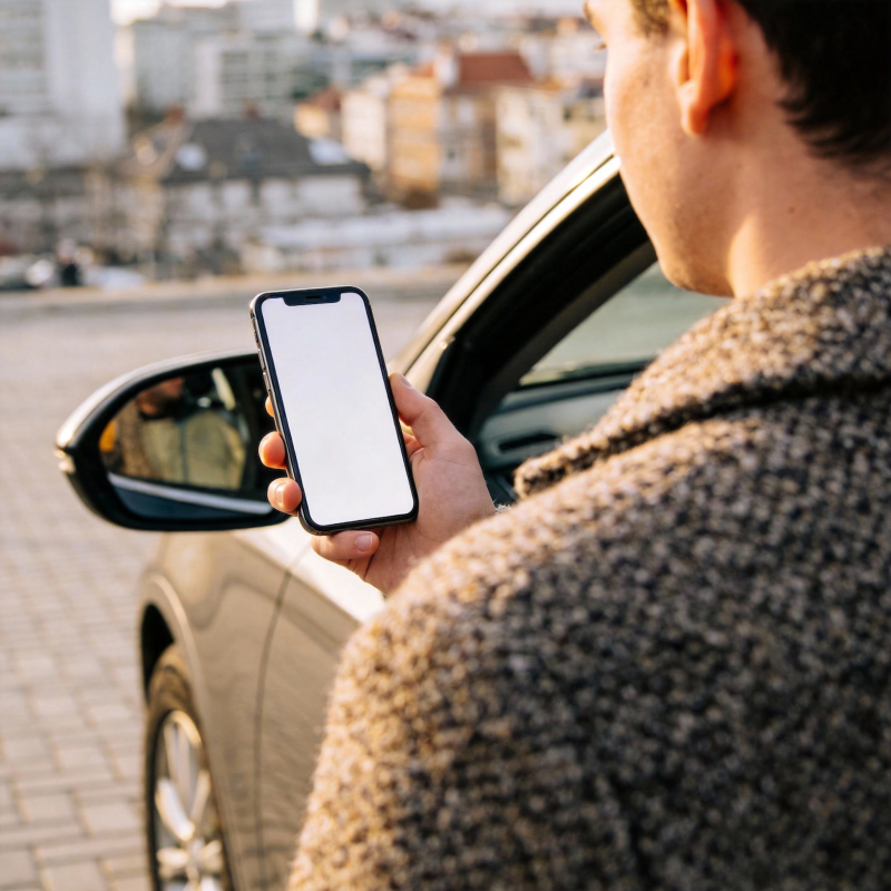 男子车旁看手机图片