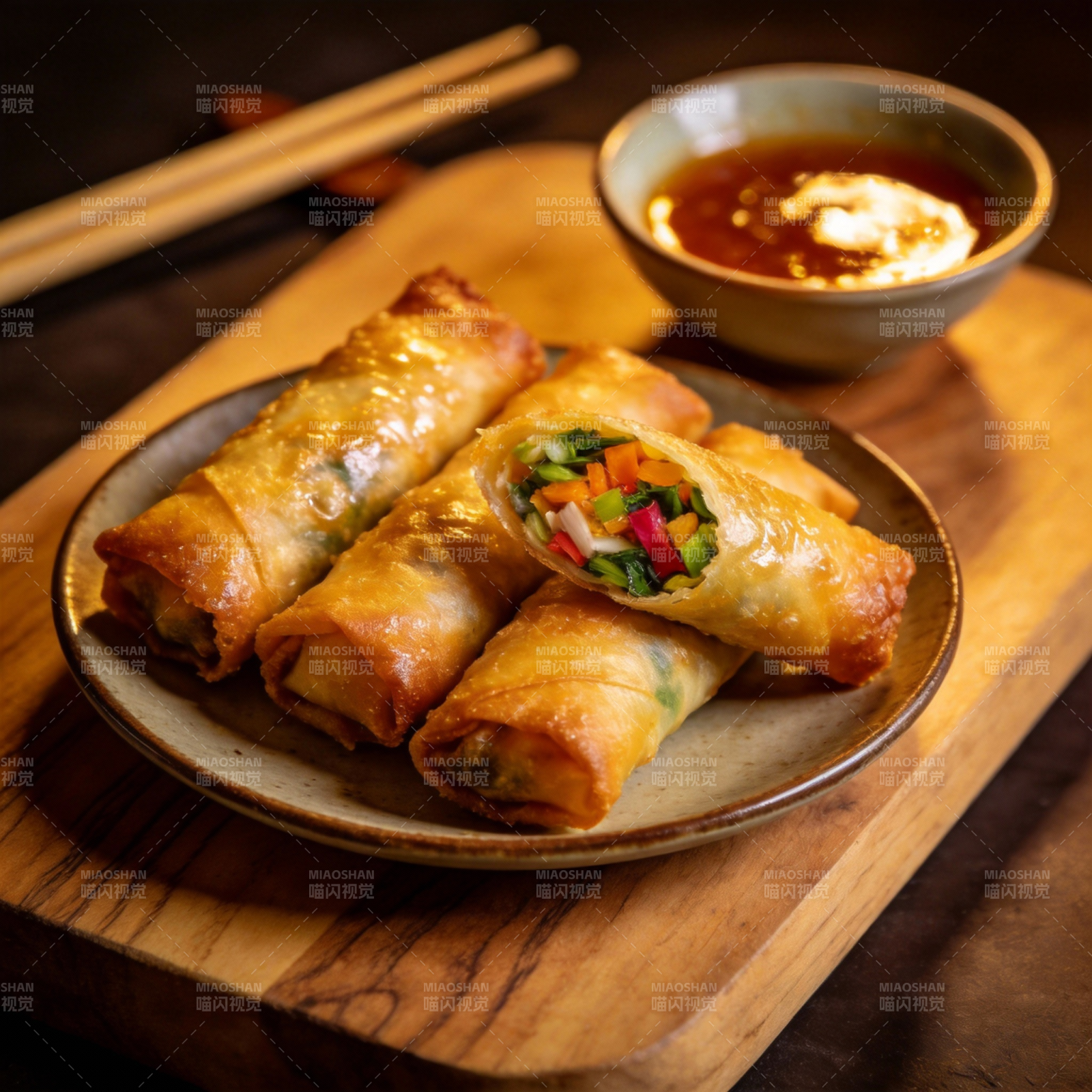 金黄春卷配酱料图片