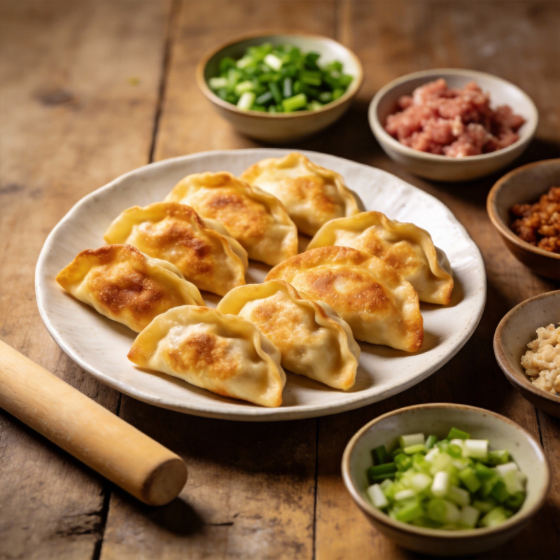 金黄煎饺配菜料图片