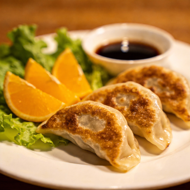 煎饺配橙片与蘸酱图片