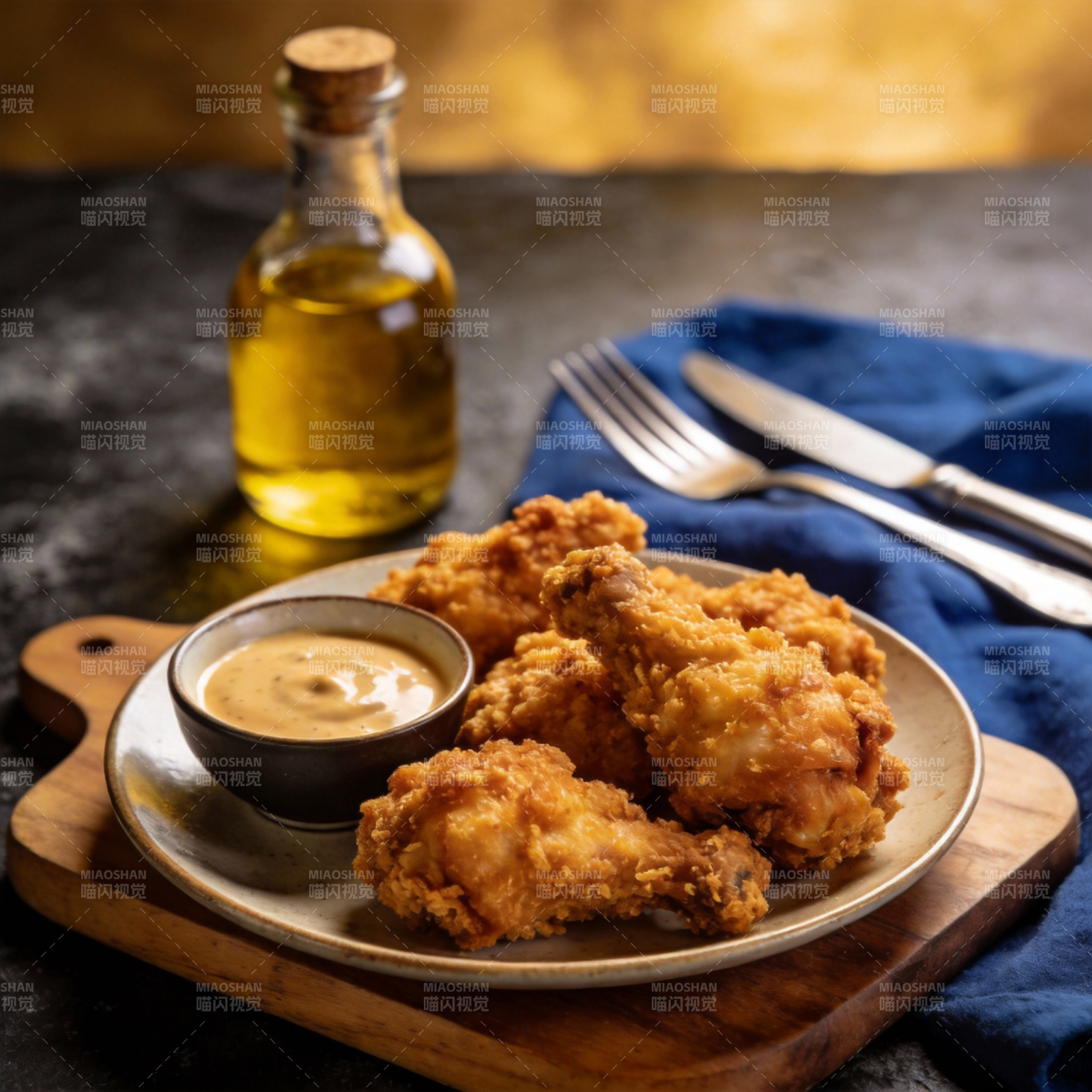 金黄炸鸡配酱料图片