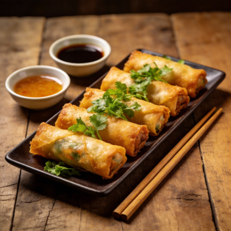 金黄春卷配酱料图片