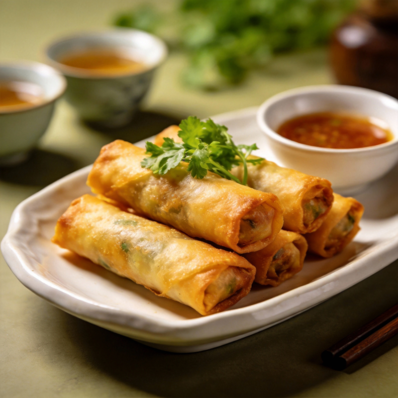 金黄春卷配酱料图片