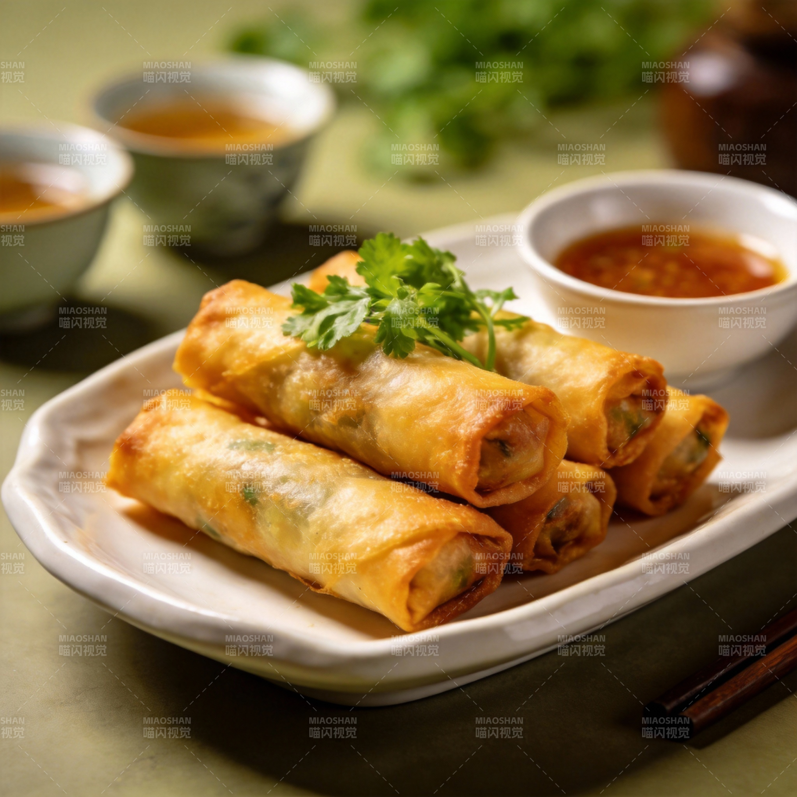 金黄春卷配酱料图片