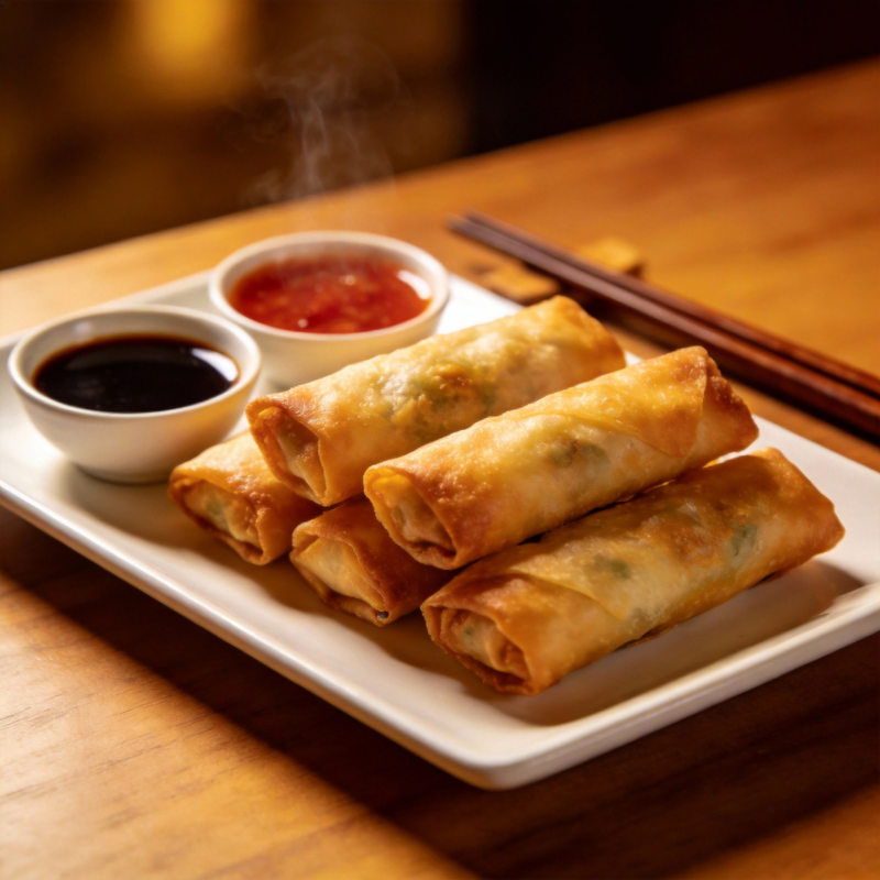 金黄春卷配酱料图片