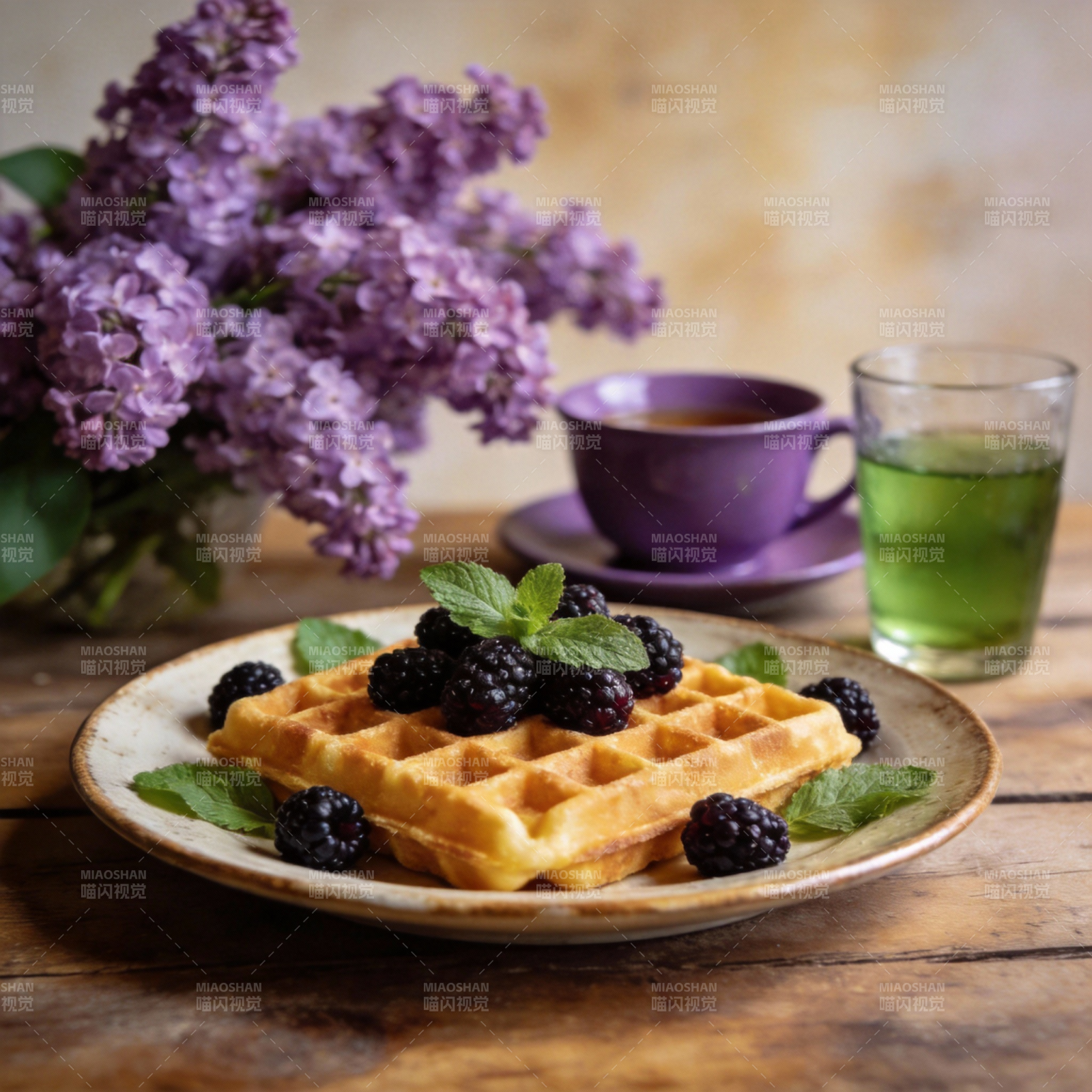 紫花旁的美味华夫饼图片