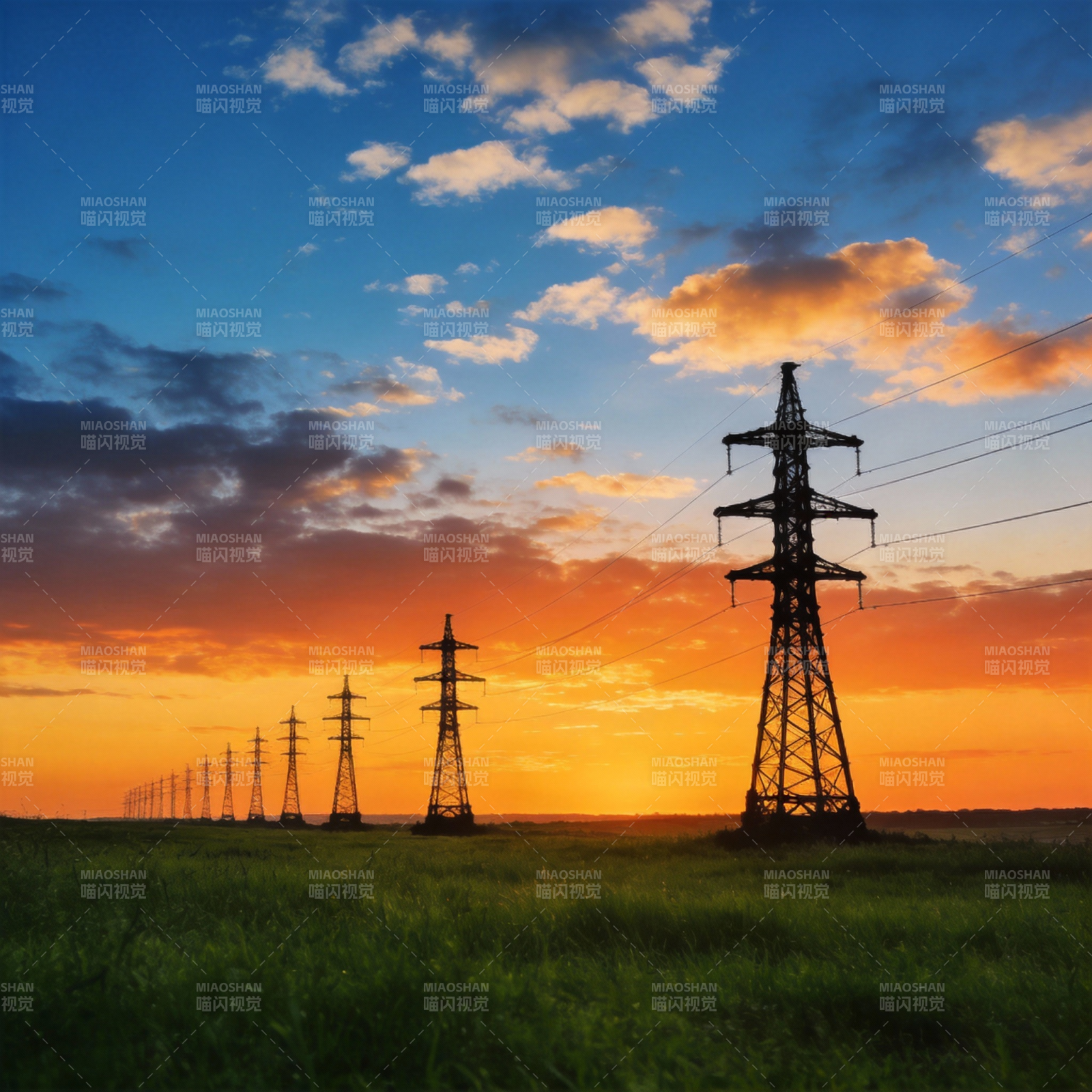 夕阳下的电力塔图片