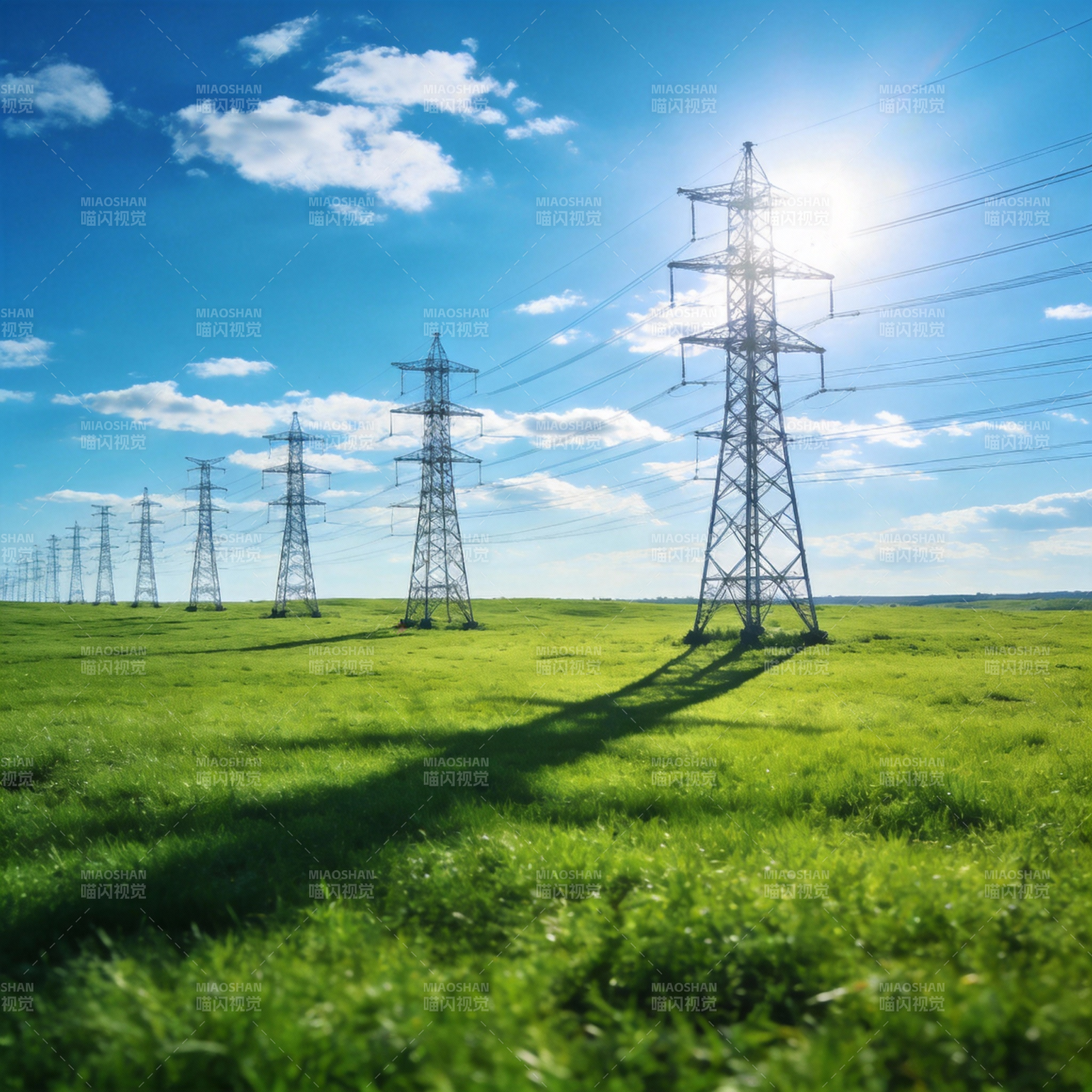 电塔绿野映蓝天图片