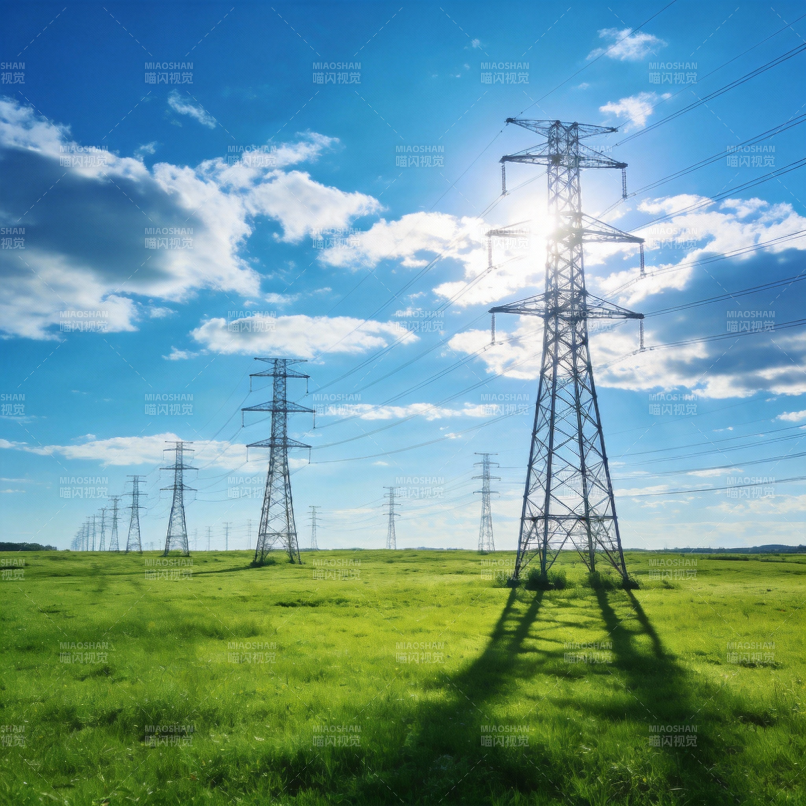 电塔绿野映蓝天图片