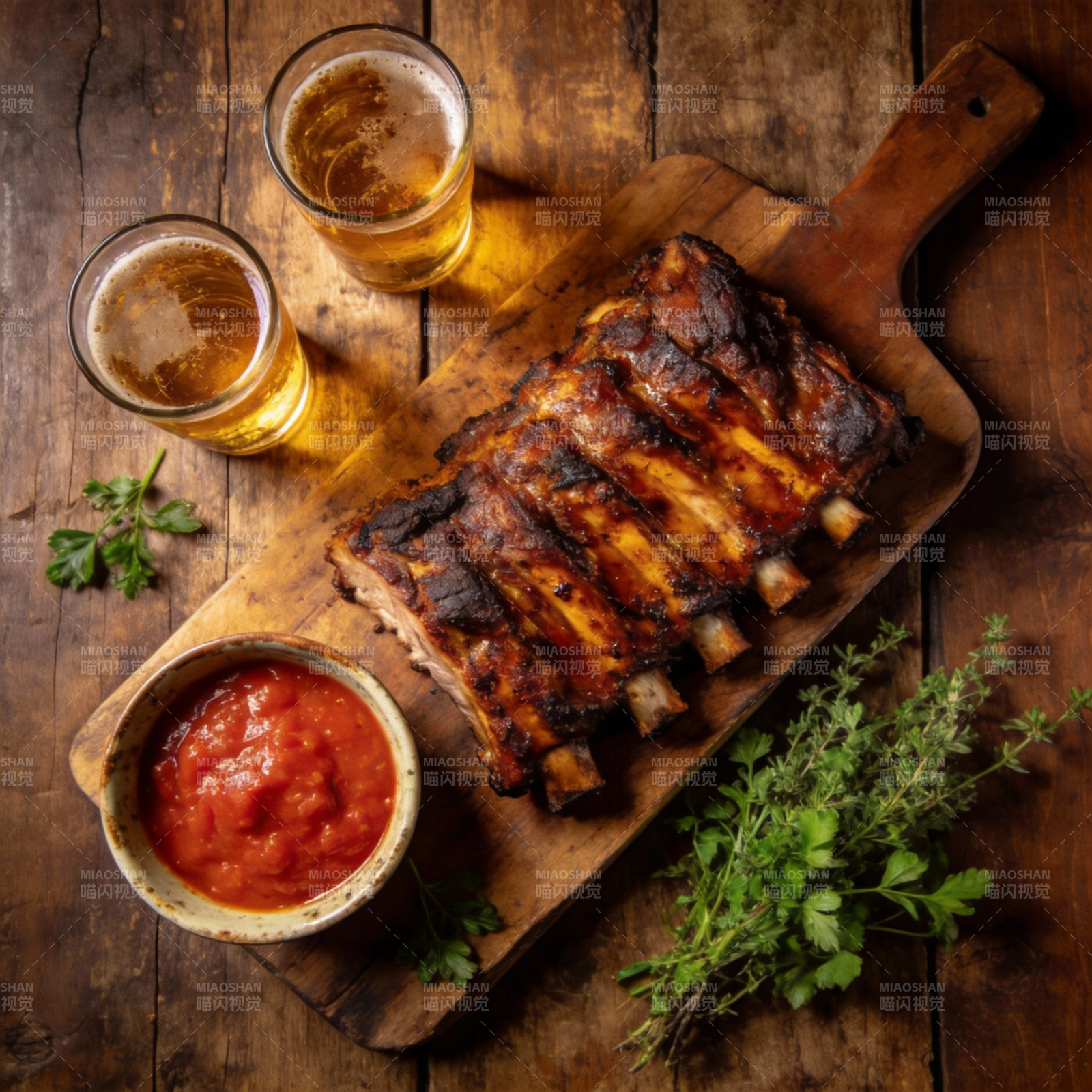 烤肋排配啤酒图片
