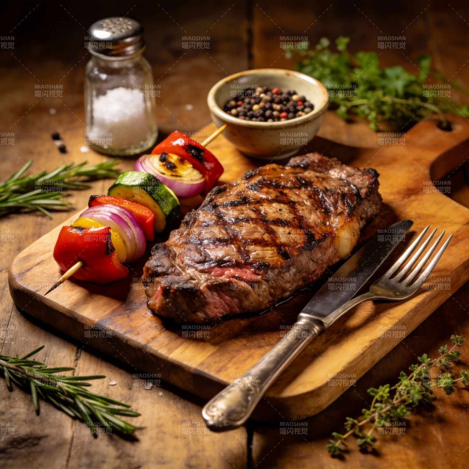 烤牛排配蔬菜串图片