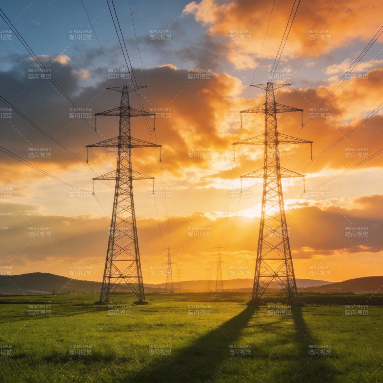 夕阳下的电力塔图片