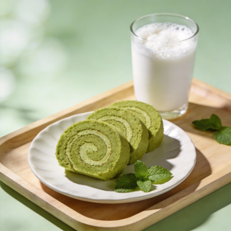 抹茶卷配牛奶图片