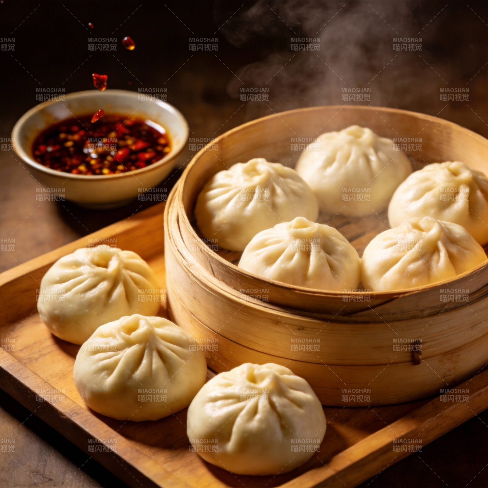 热腾腾的包子配辣酱图片