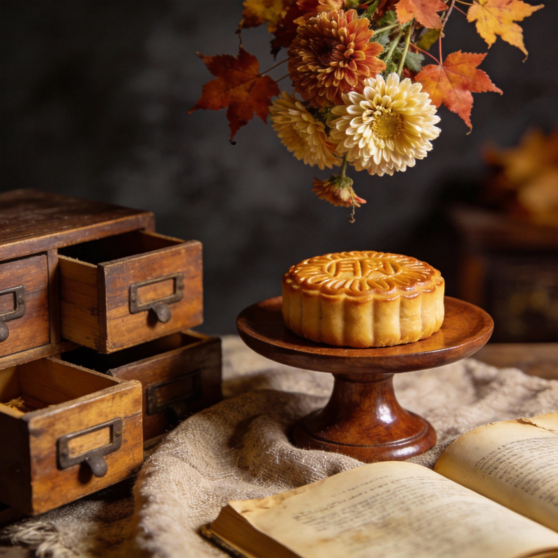 秋日静物 月饼与花图片