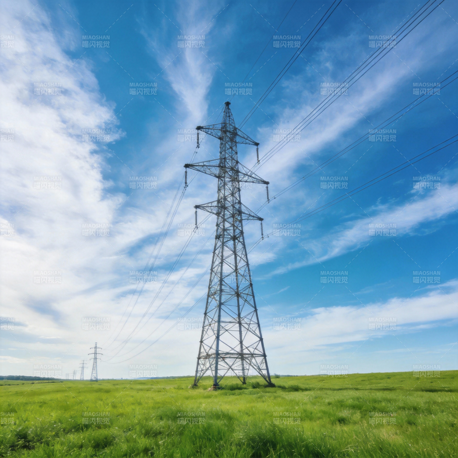 高压电塔矗立草原图片