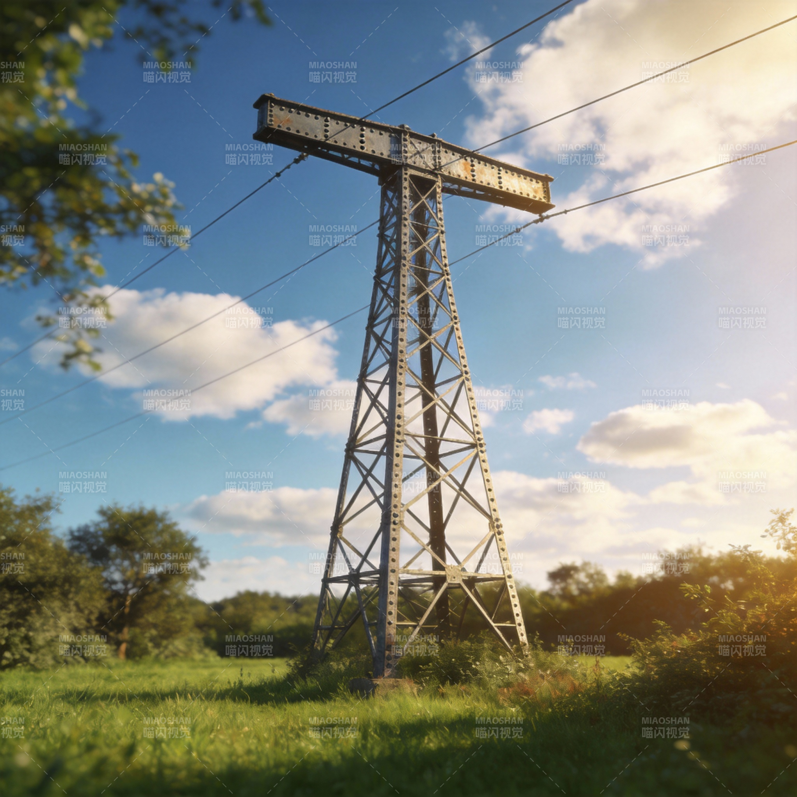 高压电塔矗立田野图片